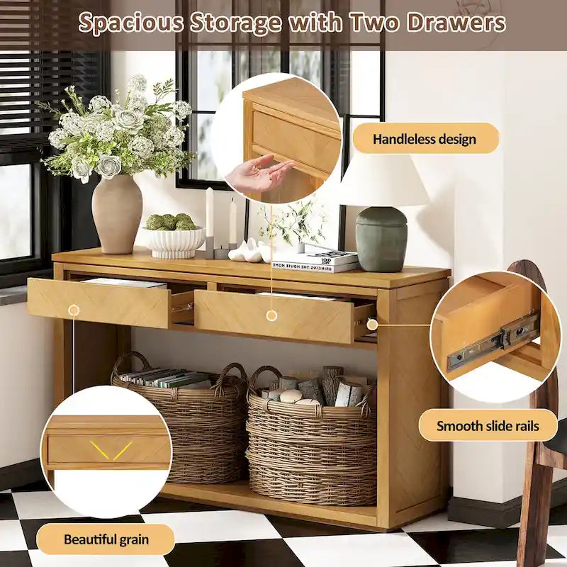 Table console Chevron rustique – 55 po, 2 tiroirs et étagère ouverte, 4 finis