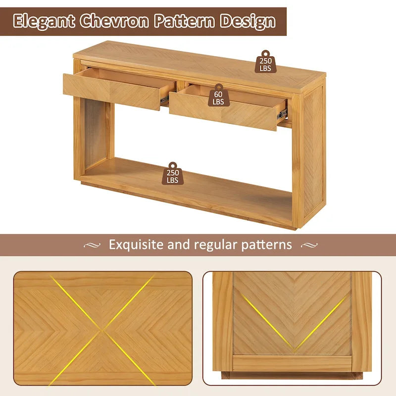Table console Chevron rustique – 55 po, 2 tiroirs et étagère ouverte, 4 finis