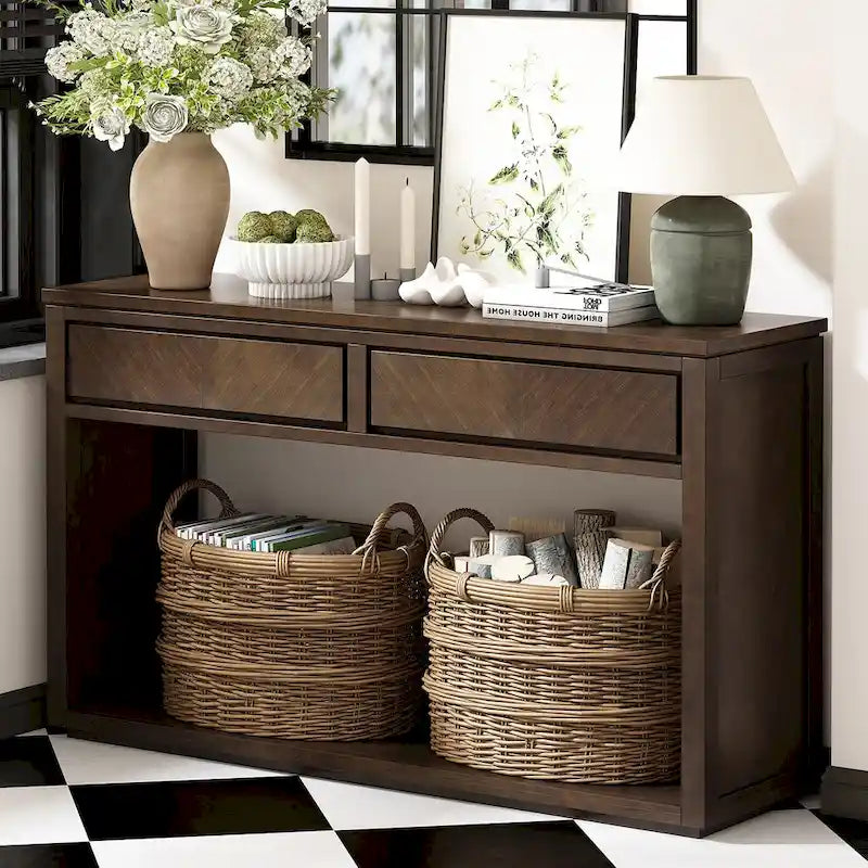 Table console Chevron rustique – 55 po, 2 tiroirs et étagère ouverte, 4 finis