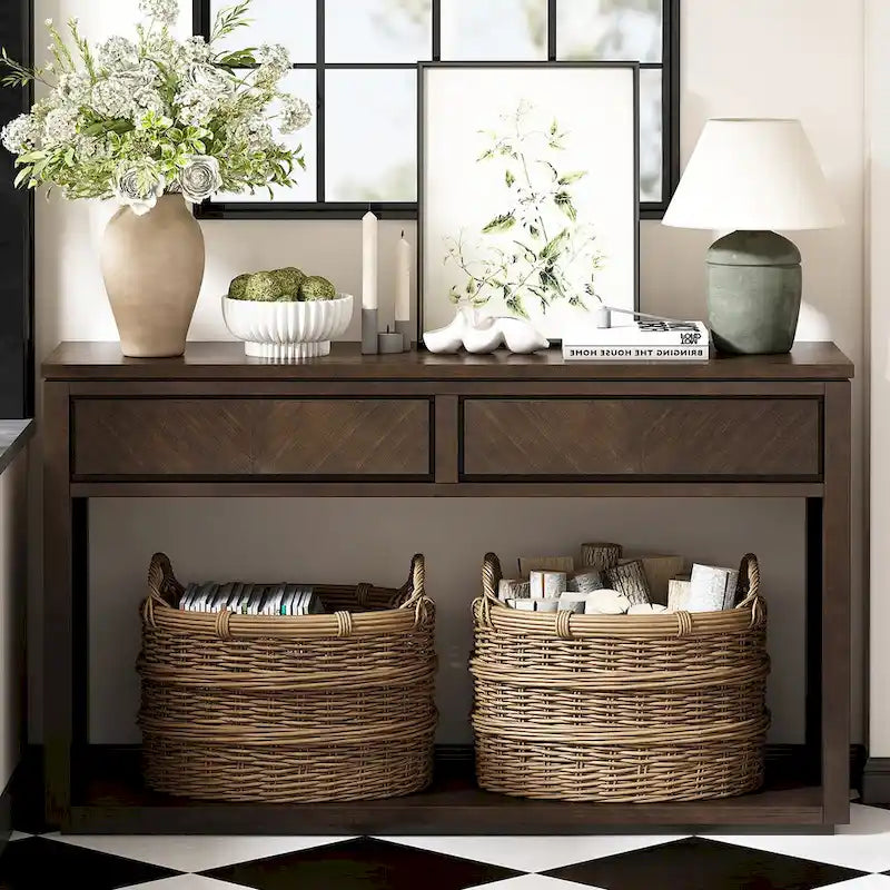 Table console Chevron rustique – 55 po, 2 tiroirs et étagère ouverte, 4 finis