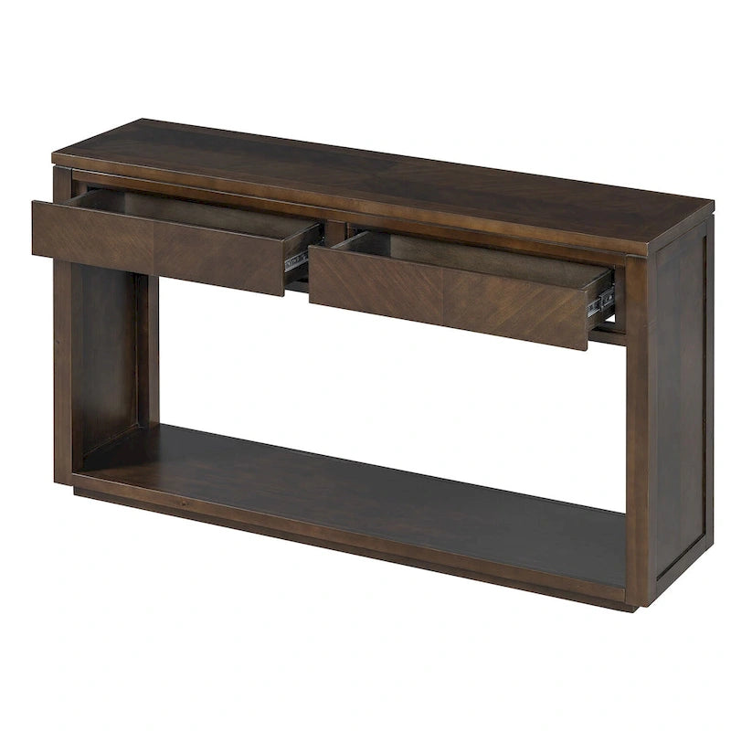 Table console Chevron rustique – 55 po, 2 tiroirs et étagère ouverte, 4 finis