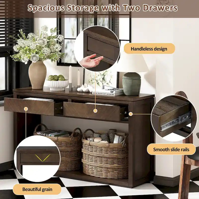 Table console Chevron rustique – 55 po, 2 tiroirs et étagère ouverte, 4 finis