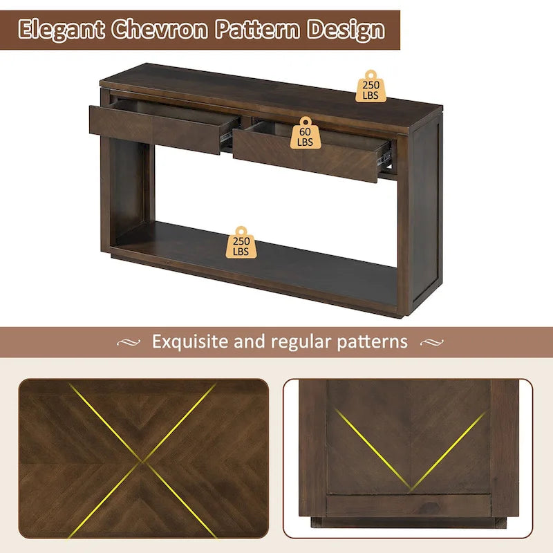 Table console Chevron rustique – 55 po, 2 tiroirs et étagère ouverte, 4 finis
