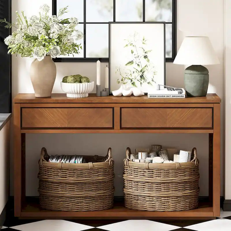 Table console Chevron rustique – 55 po, 2 tiroirs et étagère ouverte, 4 finis