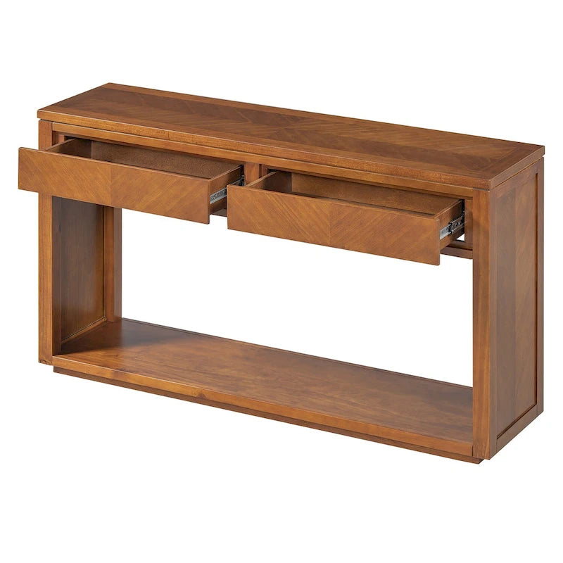 Table console Chevron rustique – 55 po, 2 tiroirs et étagère ouverte, 4 finis