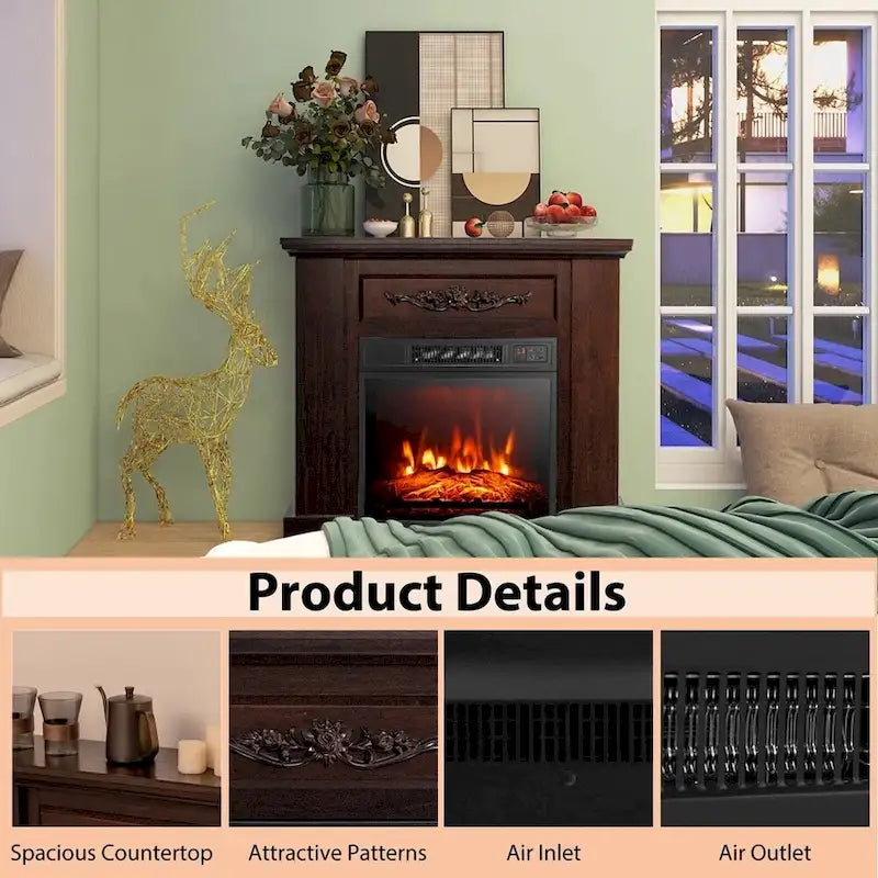 Meuble TV avec cheminée électrique et manteau – Cheminée 32", 1400W, Télécommande, Marron