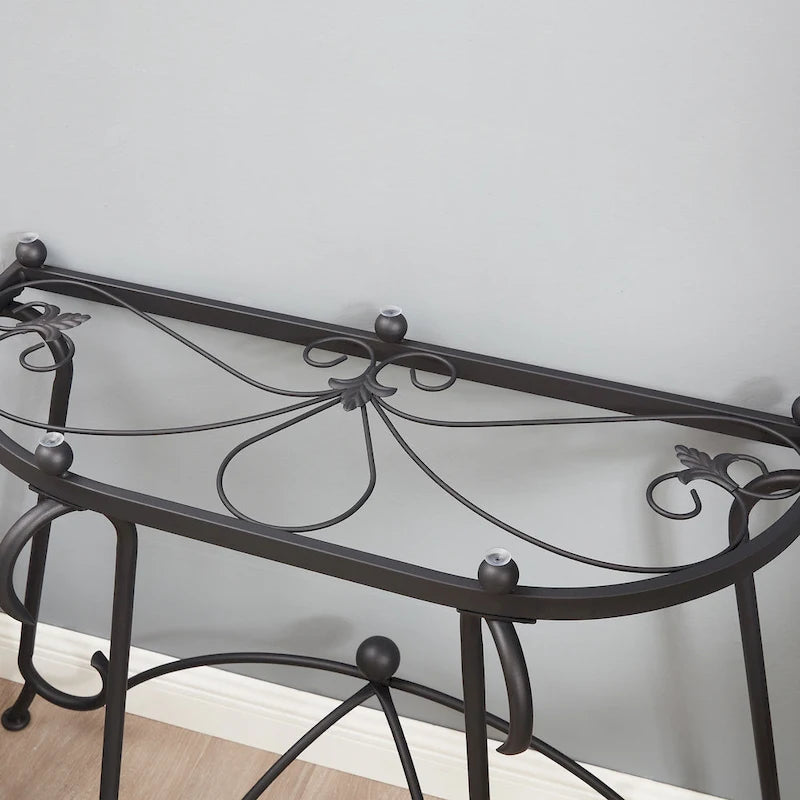 Console de style industriel rustique – Dessus en verre trempé avec cadre en métal noir mat
