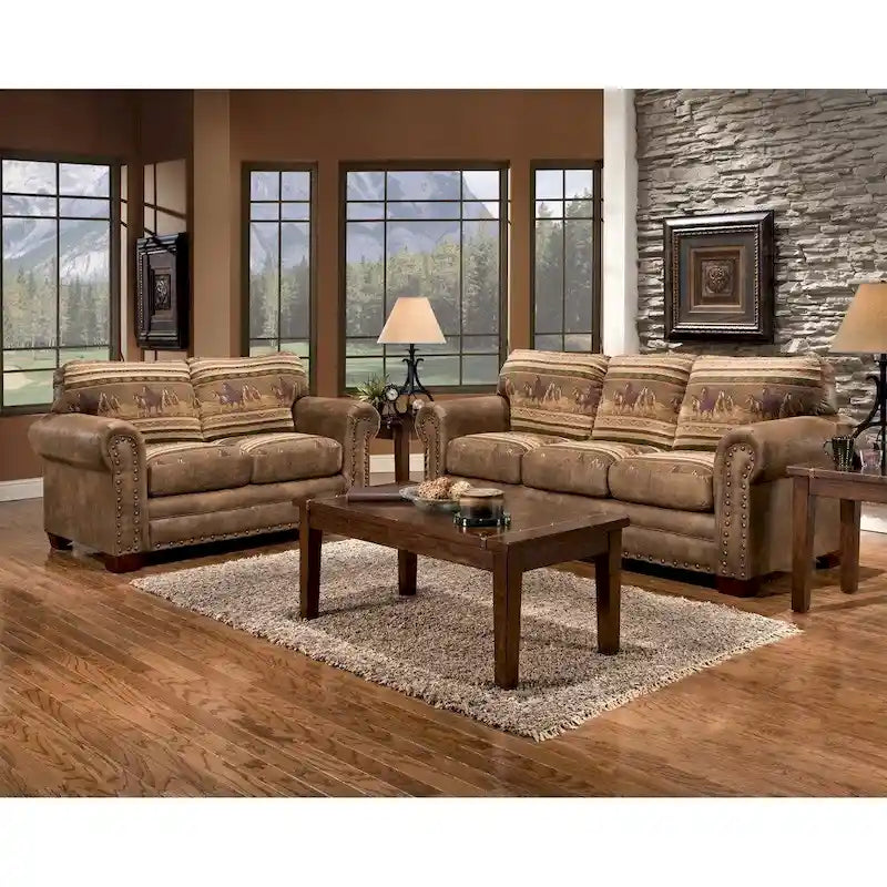 Causeuse de style chalet – Microfibre d'apparence cuir et tissu tapisserie avec clous décoratifs