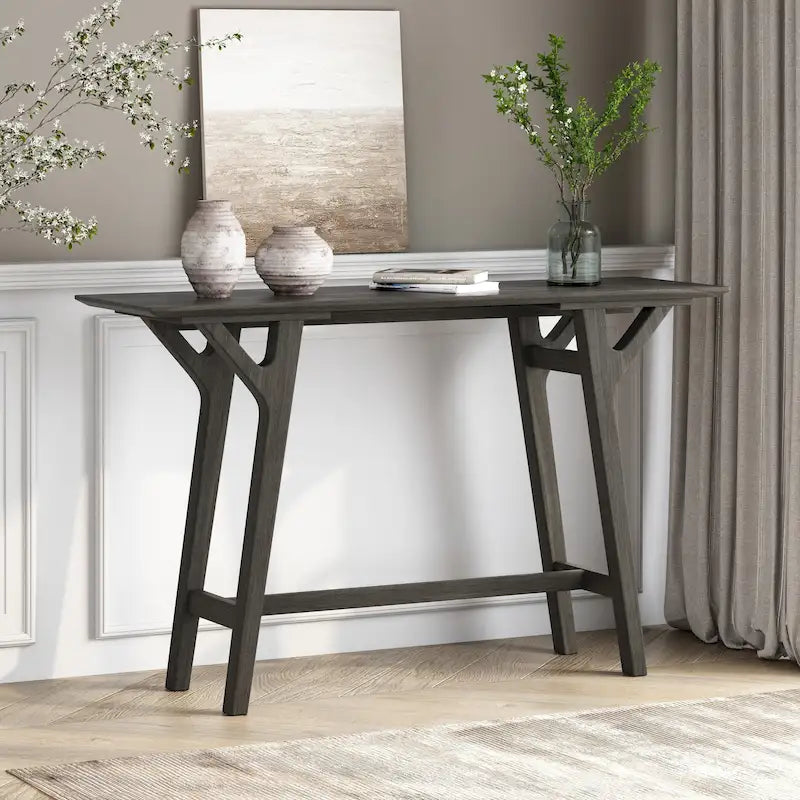 Table console Mid-Century Modern – Pieds en bois d'hévéa à cadre en Y avec plateau en bois
