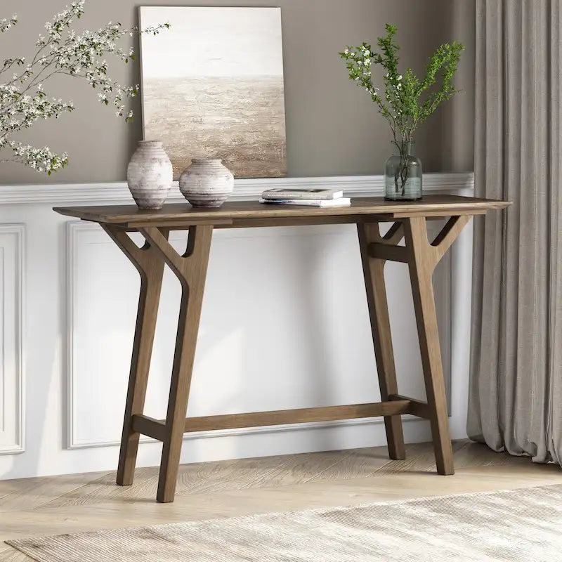 Table console Mid-Century Modern – Pieds en bois d'hévéa à cadre en Y avec plateau en bois