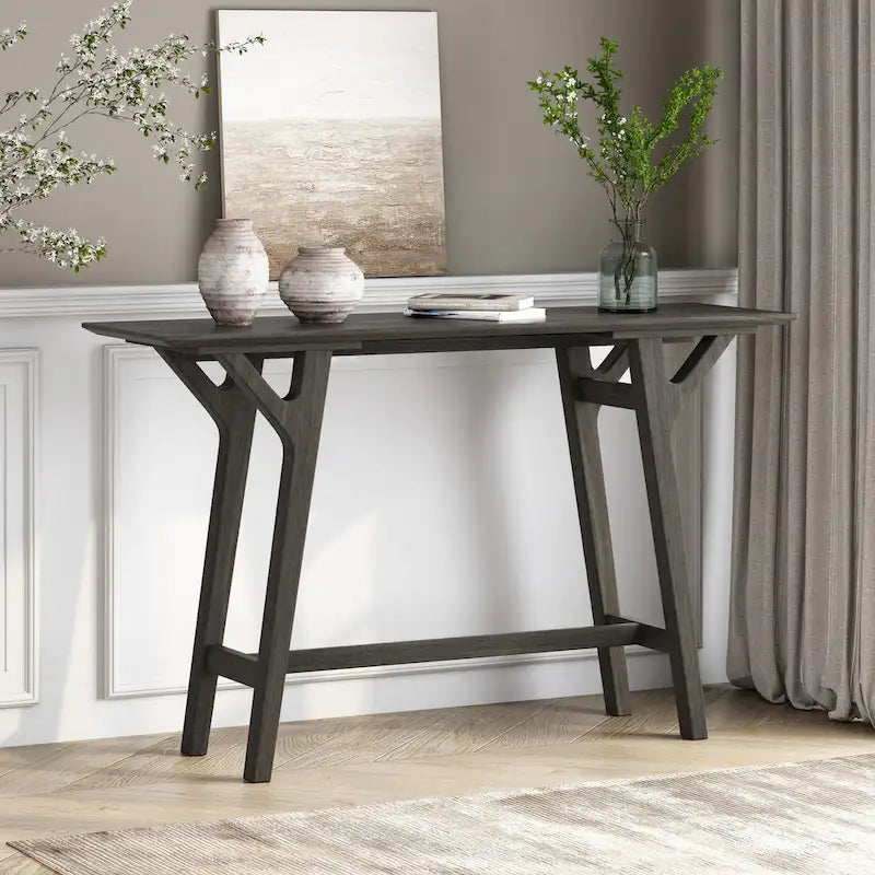 Table console Mid-Century Modern – Pieds en bois d'hévéa à cadre en Y avec plateau en bois