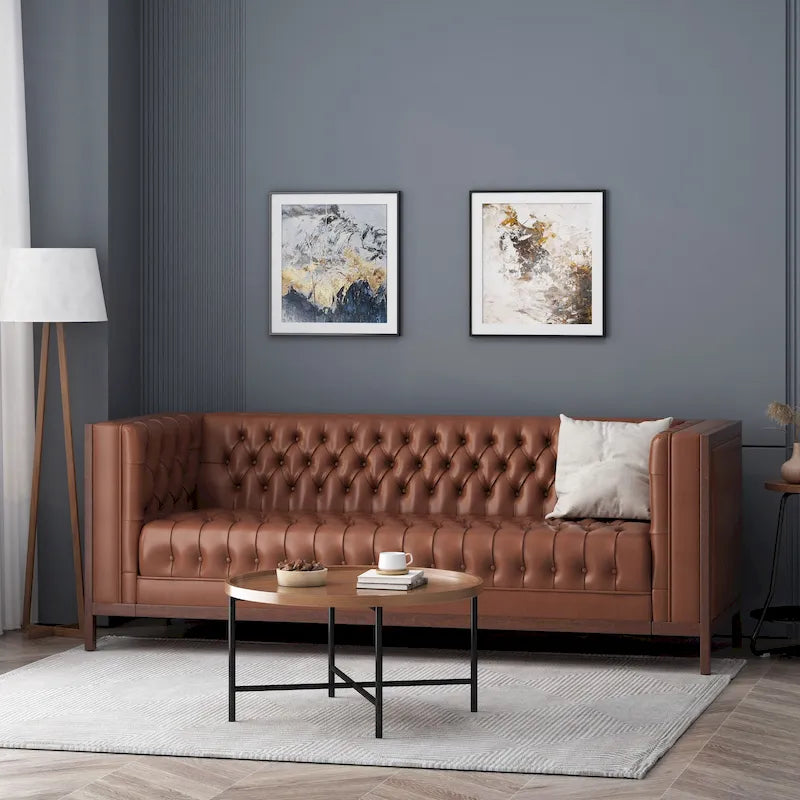 Canapé touffeté Mid-Century Modern – Revêtement en similicuir avec pieds en hévéa