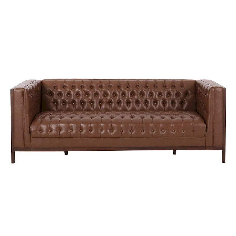 Canapé touffeté Mid-Century Modern – Revêtement en similicuir avec pieds en hévéa