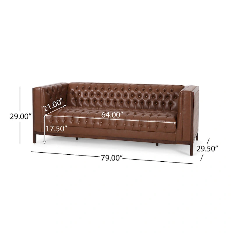 Canapé touffeté Mid-Century Modern – Revêtement en similicuir avec pieds en hévéa