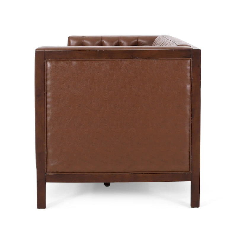 Canapé touffeté Mid-Century Modern – Revêtement en similicuir avec pieds en hévéa