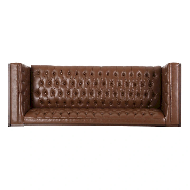 Canapé touffeté Mid-Century Modern – Revêtement en similicuir avec pieds en hévéa