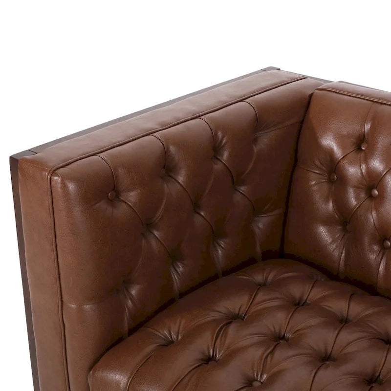 Canapé touffeté Mid-Century Modern – Revêtement en similicuir avec pieds en hévéa