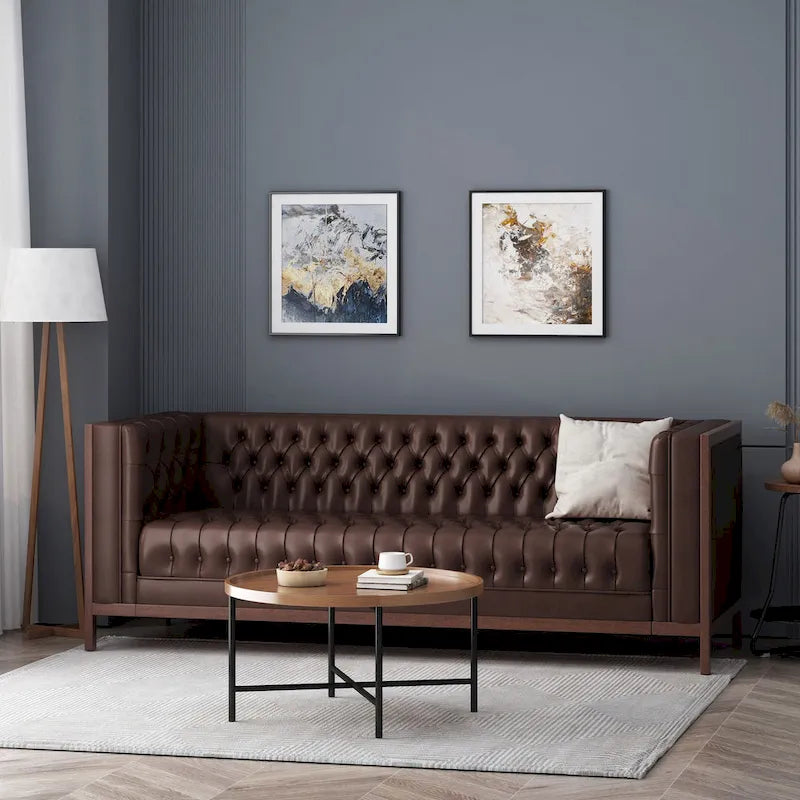 Canapé touffeté Mid-Century Modern – Revêtement en similicuir avec pieds en hévéa
