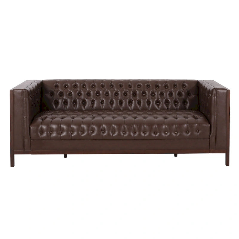 Canapé touffeté Mid-Century Modern – Revêtement en similicuir avec pieds en hévéa