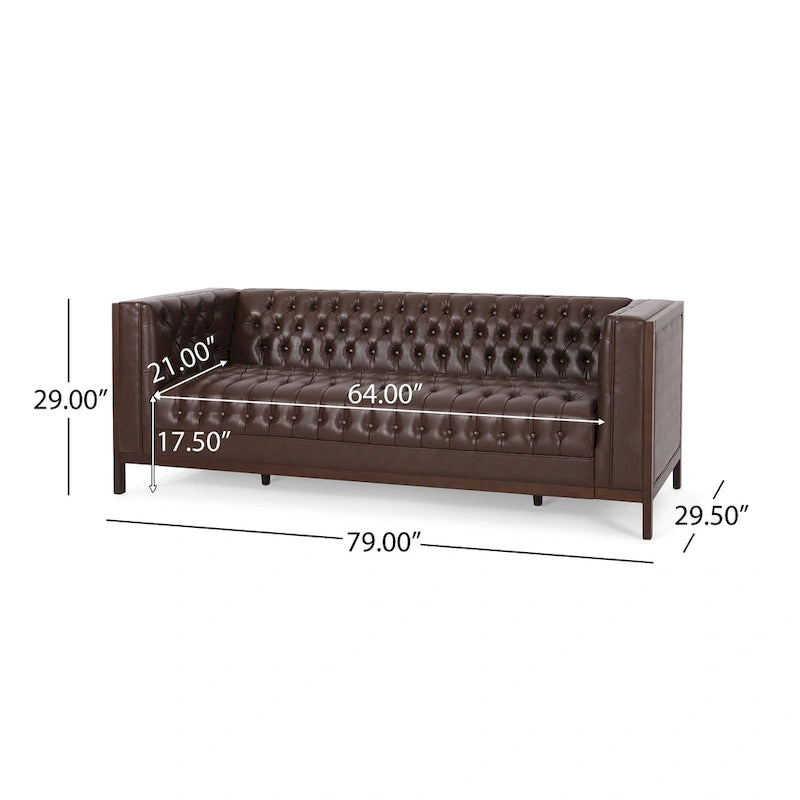 Canapé touffeté Mid-Century Modern – Revêtement en similicuir avec pieds en hévéa