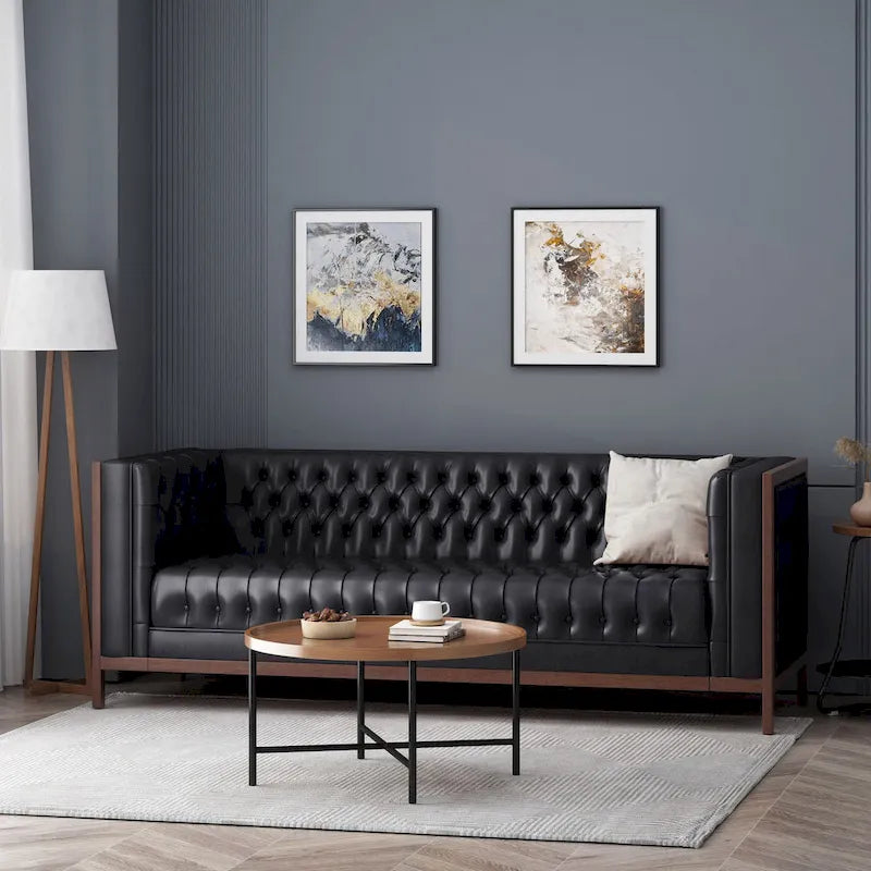 Canapé touffeté Mid-Century Modern – Revêtement en similicuir avec pieds en hévéa