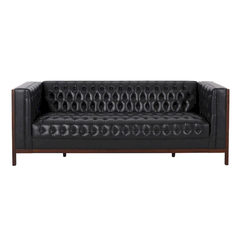 Canapé touffeté Mid-Century Modern – Revêtement en similicuir avec pieds en hévéa
