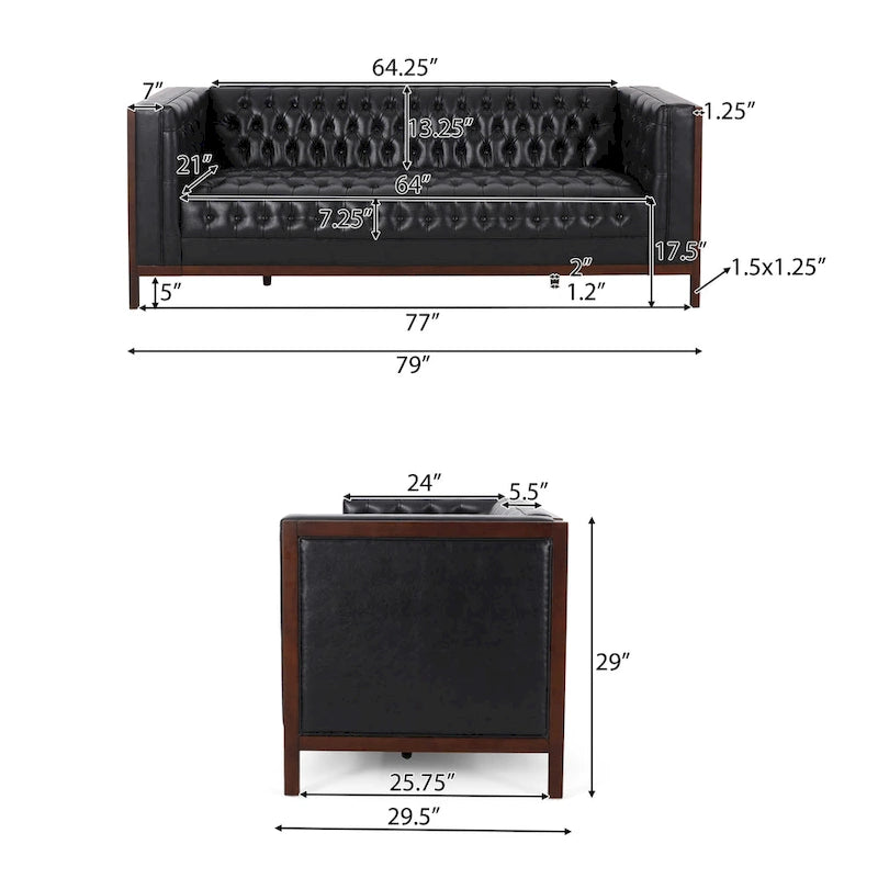 Canapé touffeté Mid-Century Modern – Revêtement en similicuir avec pieds en hévéa