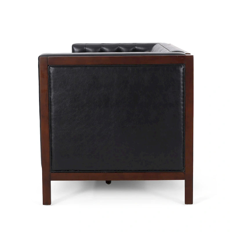 Canapé touffeté Mid-Century Modern – Revêtement en similicuir avec pieds en hévéa