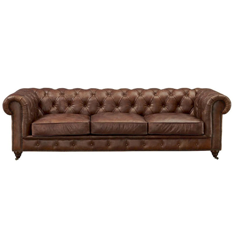 Canapé industriel en cuir vintage – Capitonnage avec pieds en bois massif