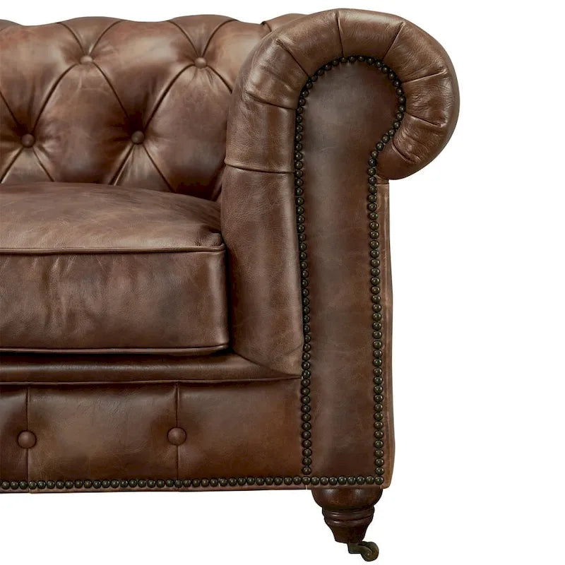 Canapé industriel en cuir vintage – Capitonnage avec pieds en bois massif
