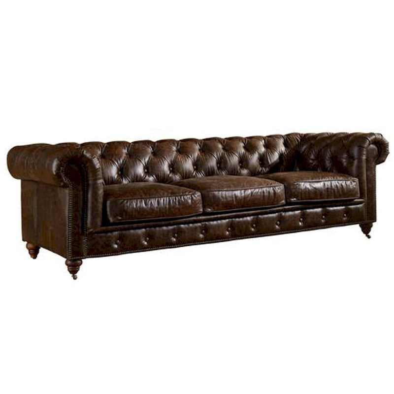 Canapé industriel en cuir vintage – Capitonnage avec pieds en bois massif