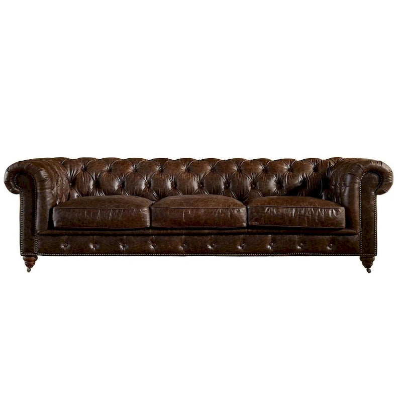 Canapé industriel en cuir vintage – Capitonnage avec pieds en bois massif