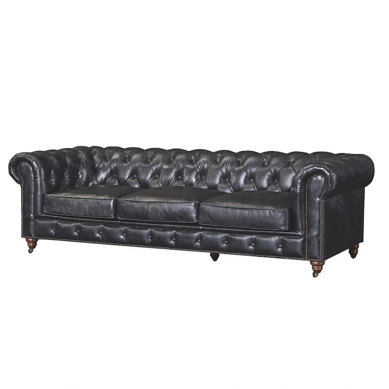 Canapé industriel en cuir vintage – Capitonnage avec pieds en bois massif