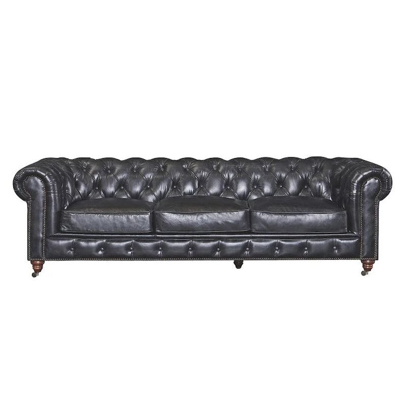 Canapé industriel en cuir vintage – Capitonnage avec pieds en bois massif
