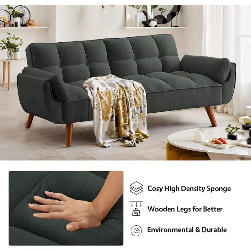 Canapé-lit futon convertible contemporain – 190 cm, revêtement en lin avec dossier réglable en deux parties