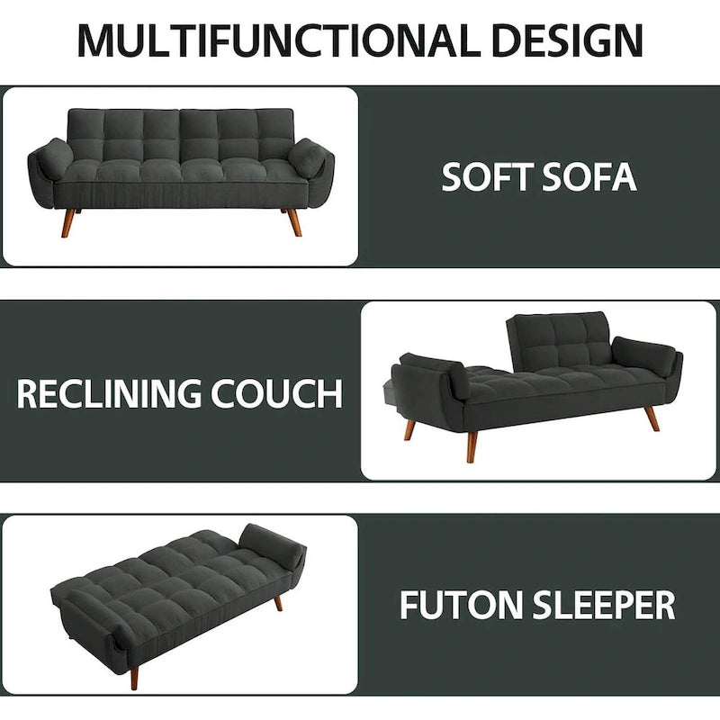 Canapé-lit futon convertible contemporain – 190 cm, revêtement en lin avec dossier réglable en deux parties