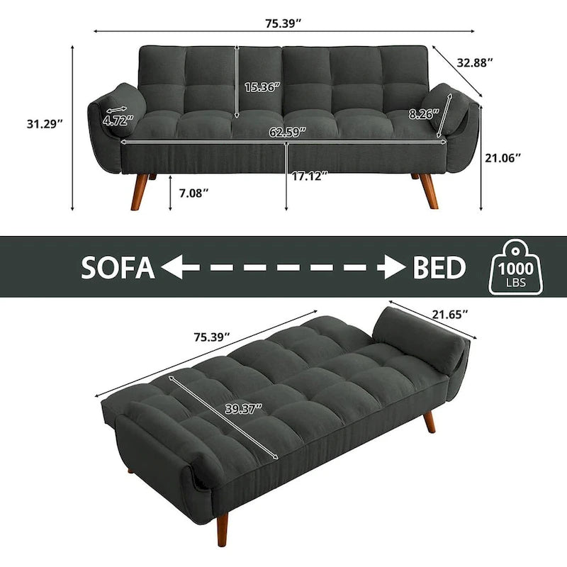 Canapé-lit futon convertible contemporain – 190 cm, revêtement en lin avec dossier réglable en deux parties