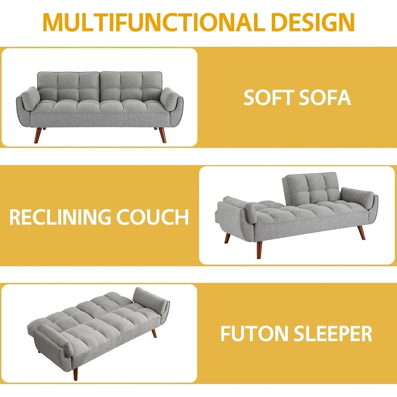 Canapé-lit futon convertible contemporain – 190 cm, revêtement en lin avec dossier réglable en deux parties
