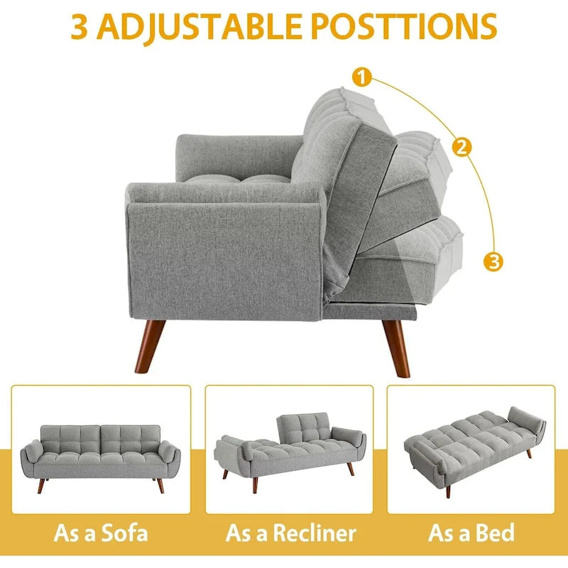 Canapé-lit futon convertible contemporain – 190 cm, revêtement en lin avec dossier réglable en deux parties
