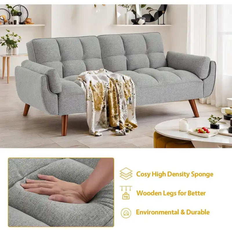 Canapé-lit futon convertible contemporain – 190 cm, revêtement en lin avec dossier réglable en deux parties