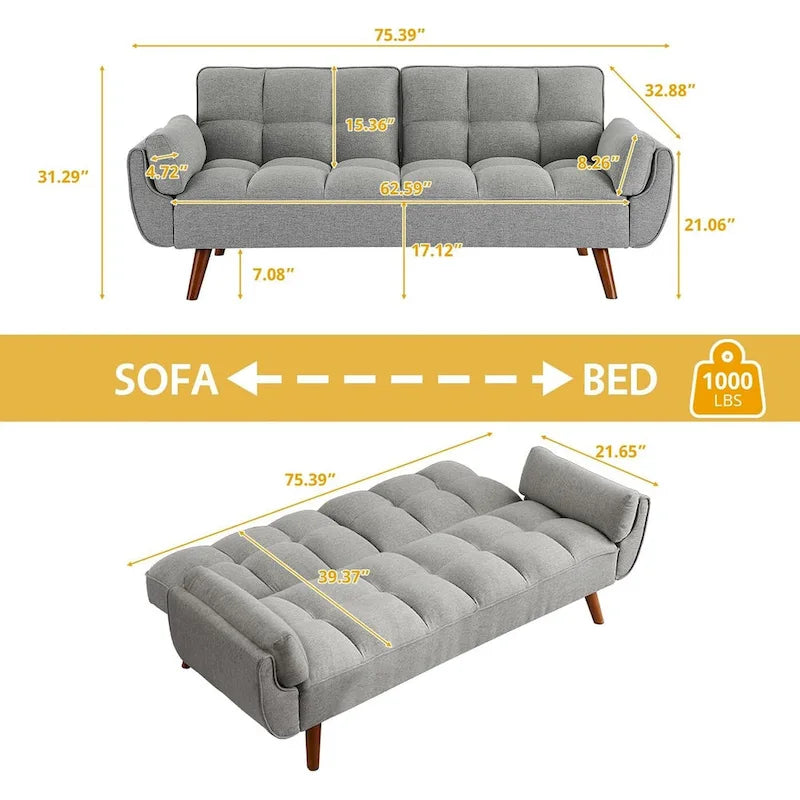 Canapé-lit futon convertible contemporain – 190 cm, revêtement en lin avec dossier réglable en deux parties