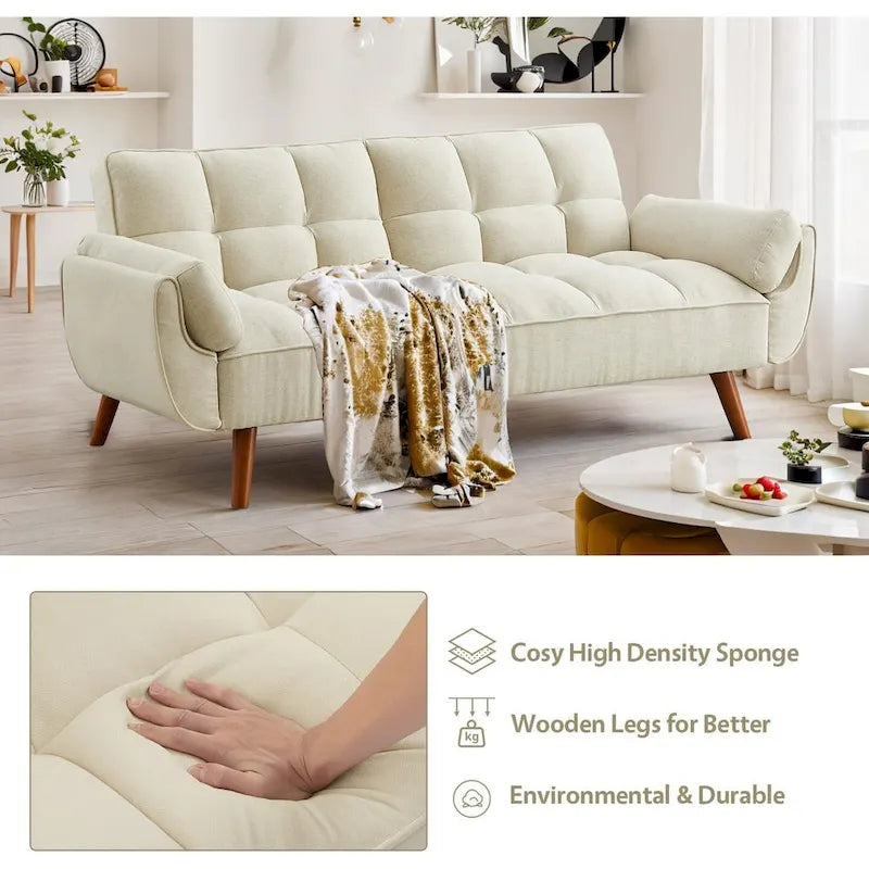 Canapé-lit futon convertible contemporain – 190 cm, revêtement en lin avec dossier réglable en deux parties