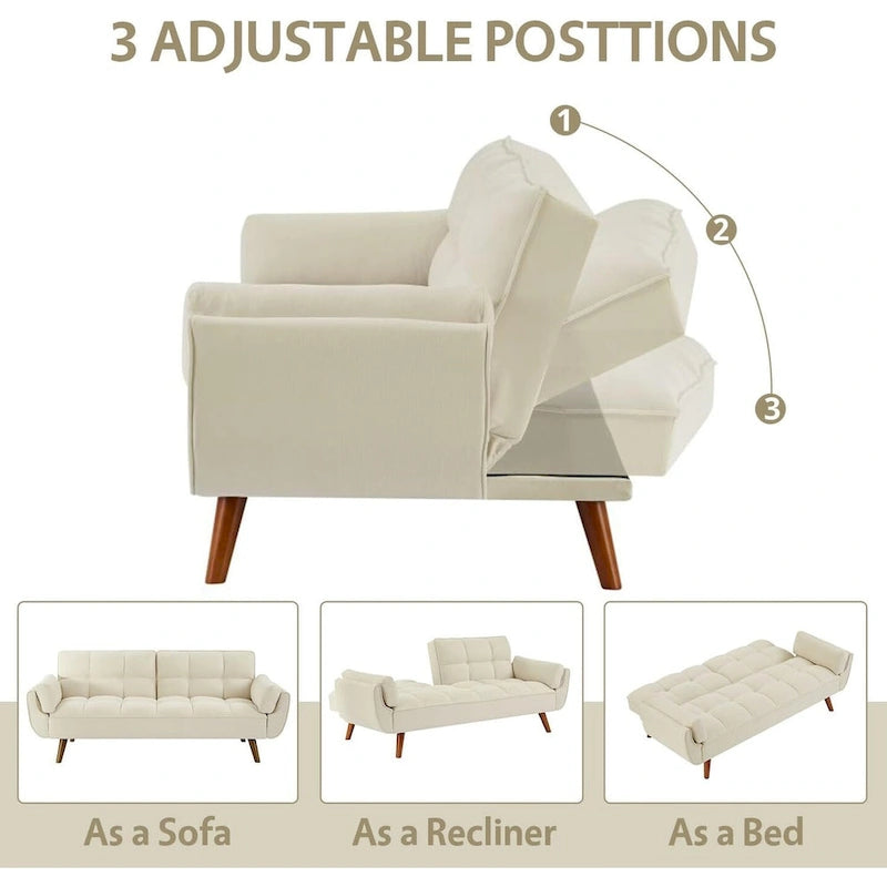 Canapé-lit futon convertible contemporain – 190 cm, revêtement en lin avec dossier réglable en deux parties