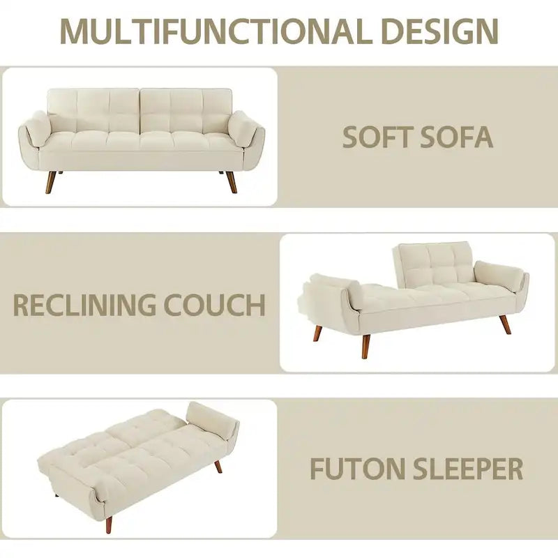 Canapé-lit futon convertible contemporain – 190 cm, revêtement en lin avec dossier réglable en deux parties