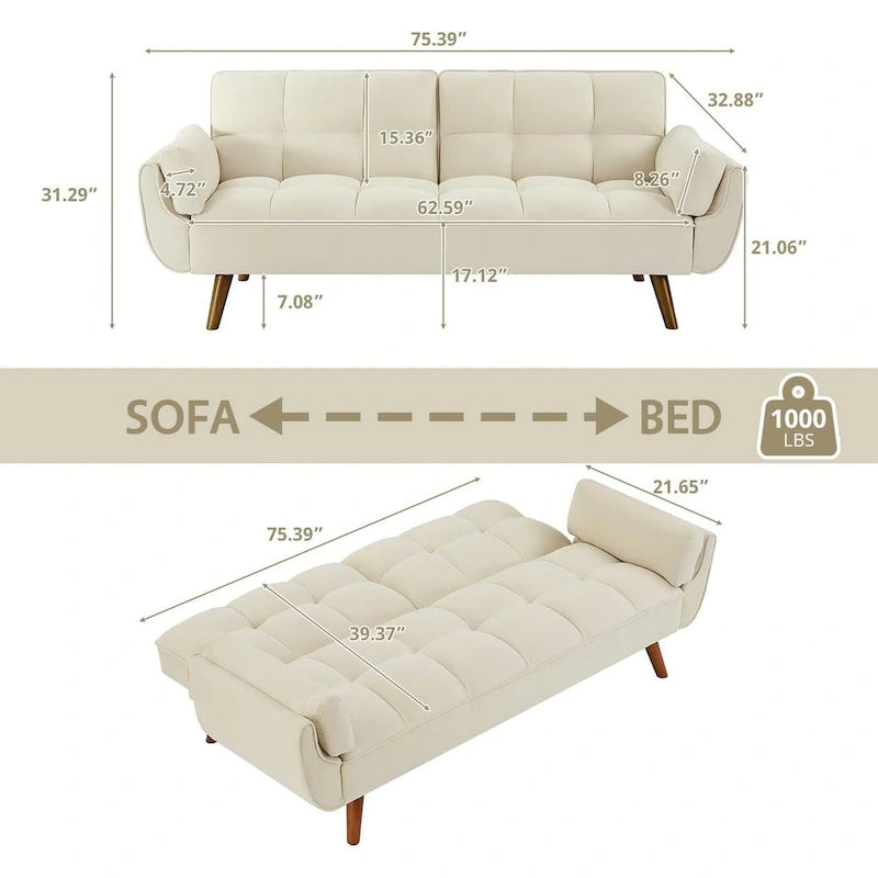 Canapé-lit futon convertible contemporain – 190 cm, revêtement en lin avec dossier réglable en deux parties