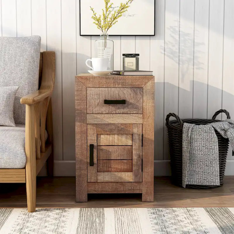 Table d'appoint rustique en bois de manguier massif – Panneaux aspect lame de scie avec tiroir et placard