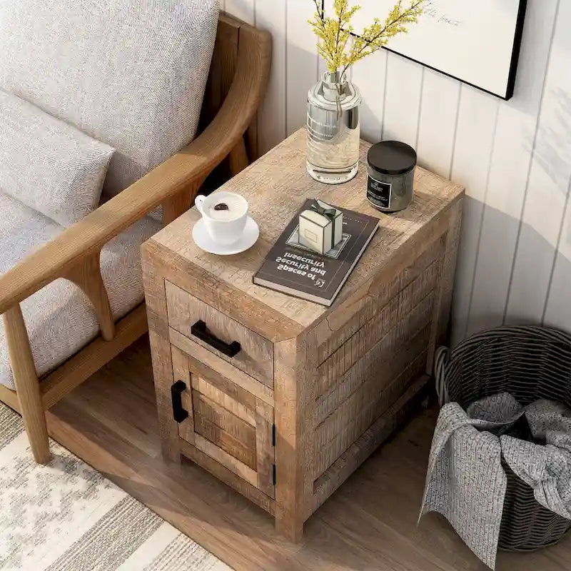 Table d'appoint rustique en bois de manguier massif – Panneaux aspect lame de scie avec tiroir et placard