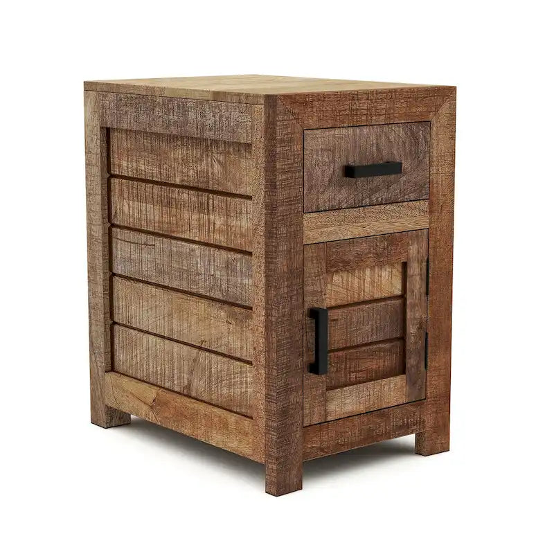 Table d'appoint rustique en bois de manguier massif – Panneaux aspect lame de scie avec tiroir et placard