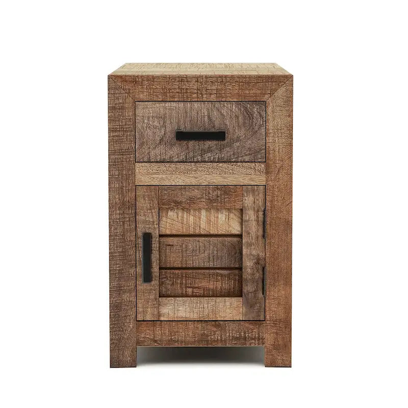 Table d'appoint rustique en bois de manguier massif – Panneaux aspect lame de scie avec tiroir et placard