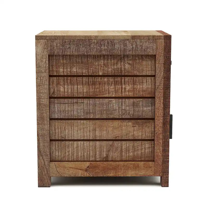 Table d'appoint rustique en bois de manguier massif – Panneaux aspect lame de scie avec tiroir et placard